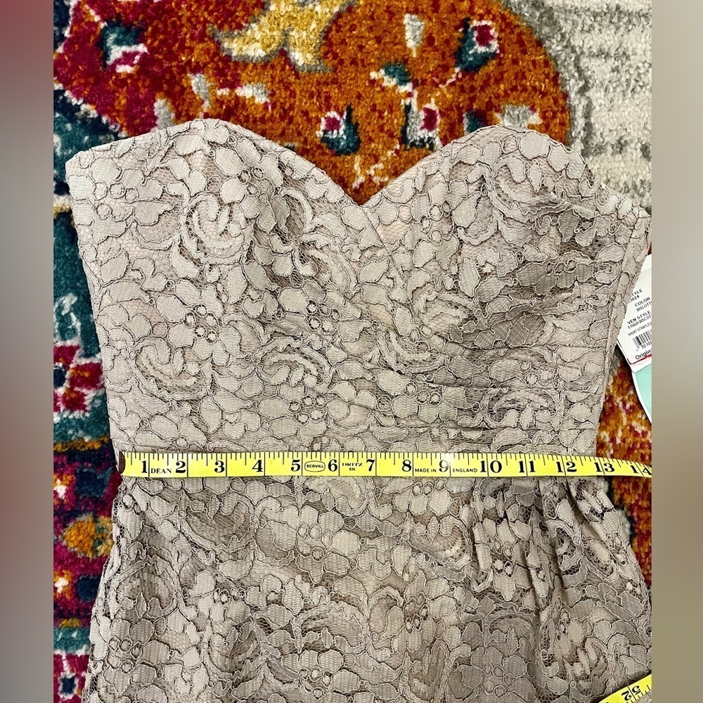 NWT David’s bridal strapless knee length dress w/lace overlay SZ 6. Lt taupe. - Picture 9 of 13